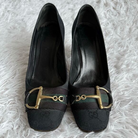 Vintage Y2K Gucci Black GG Web Block Heel Pumps with Gold Horsebit Size 8 - Picture 2 of 12